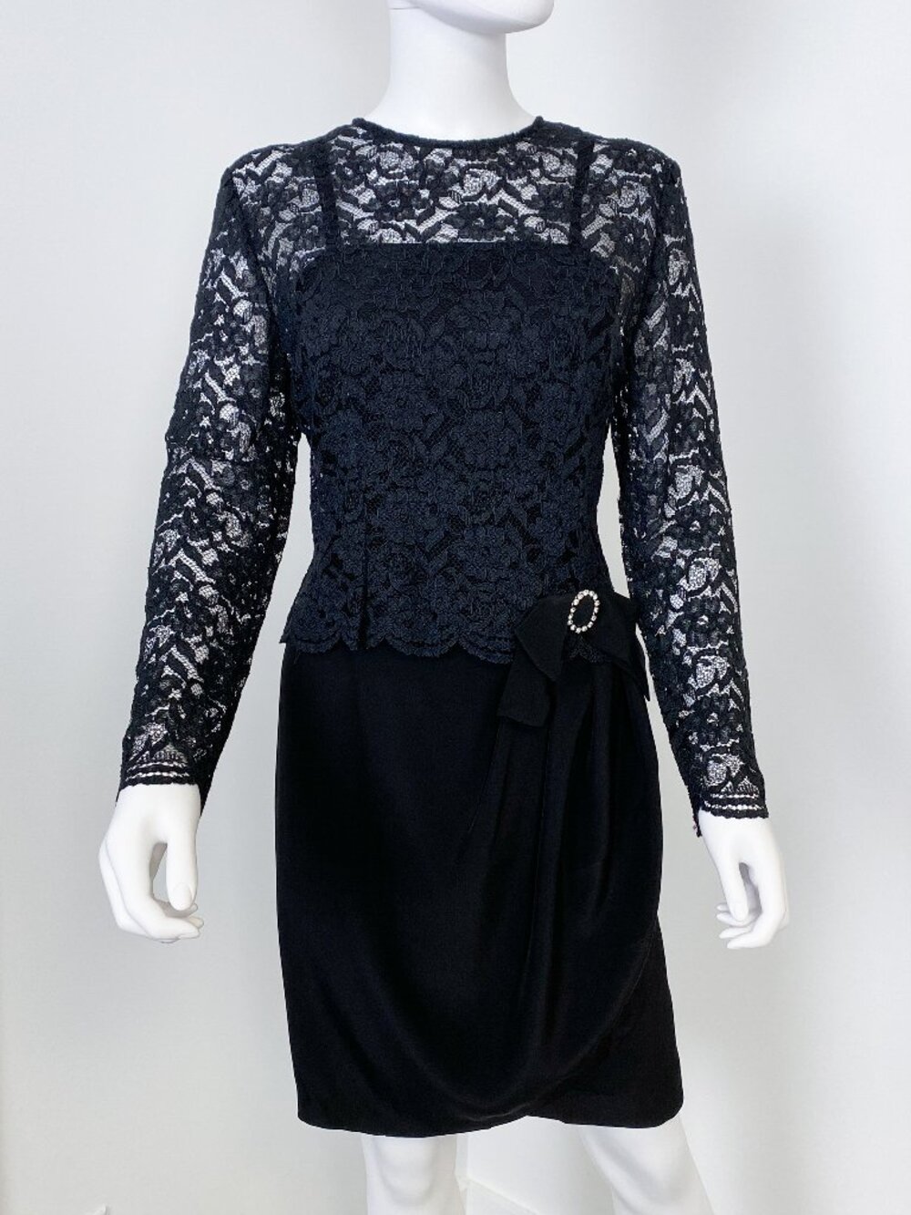 Vintage 1980s Black Bustier Evening Dress with Semi Sheer Lace Blouse Size 8